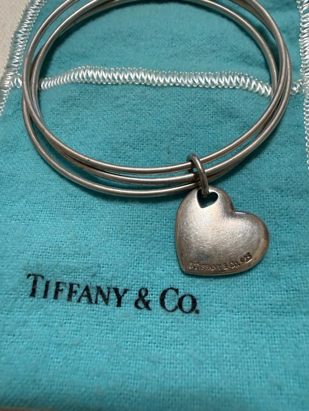 Tiffany & Co. Sterling Silver 925 Three Bangle Bracelet W/Heart Charm W/Pouch - Picture 10 of 16